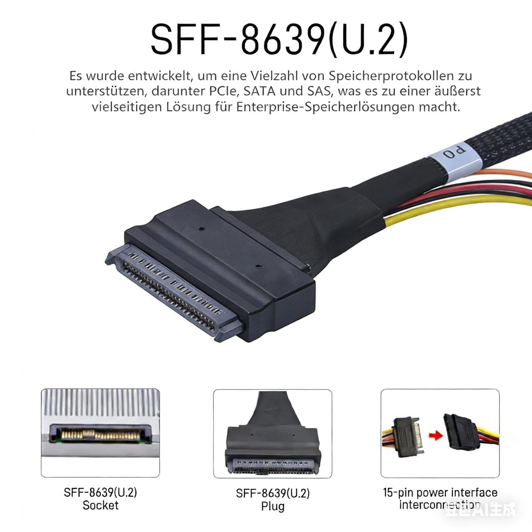 PCIe Gen5 MCIO x8 to 2 x SFF-8639 Kabel für U.2 NVMe SSD mit 15Pin SATA, 65 cm, 65 cm