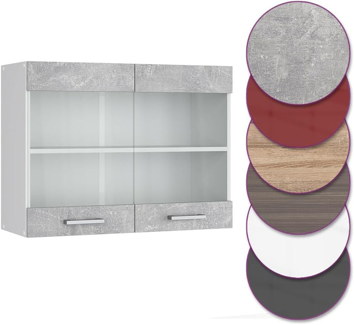 Vicco Küchenschrank Glas R-Line, Beton/Weiss, 80 cm Beton Hängeglasschrank 80cm, Beton Hängeglasschr