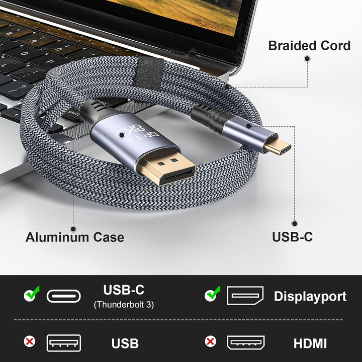 Siwket USB C auf DisplayPort Kabel 2M, 8K@60Hz 30Hz 4K@240Hz 144Hz HDR VRR Thunderbolt 4 3 DP1.4 Kab