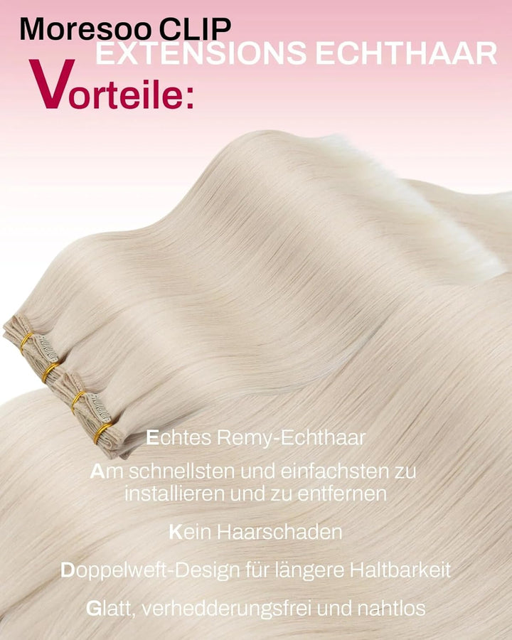 Moresoo Clip in Extensions Echthaar Blond Echthaar Extensions Clip Weissblond Remy Haarverlängerung