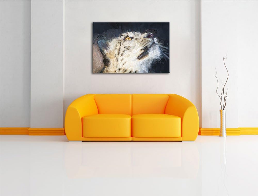 aufschauender Schneeleopard Deluxe Format: 100x70 cm auf Leinwand, XXL riesige Bilder fertig gerahmt