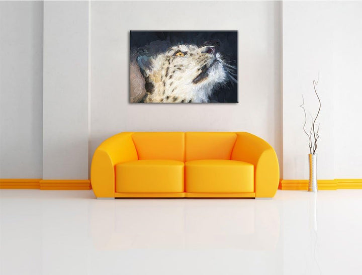 aufschauender Schneeleopard Deluxe Format: 100x70 cm auf Leinwand, XXL riesige Bilder fertig gerahmt