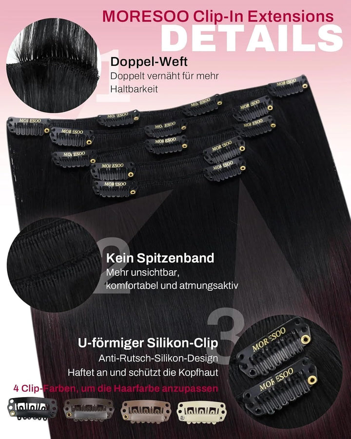 Moresoo Clip Extensions Echthaar Weinrot Haarextension Echthaar Clip in Remy Echthaar Extensions 35