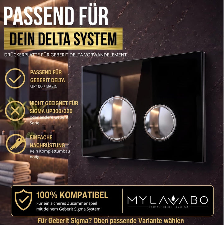 Drücker- & Betätigungsplatte passend für Geberit Delta (Glas, schwarz, chrom Ringe+Tasten) | sw-glas