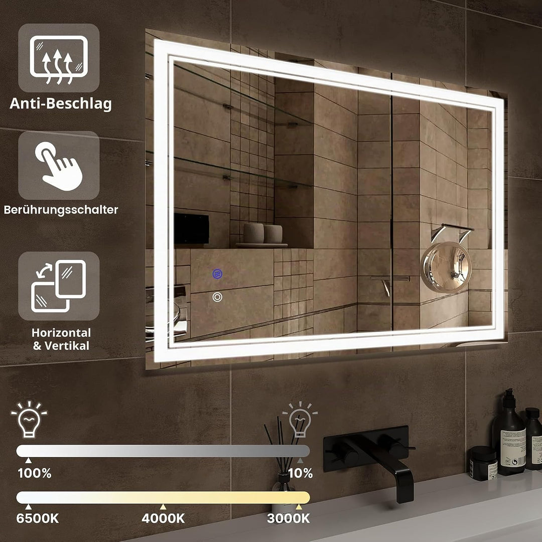 Mondeer LED Badspiegel mit Beleuchtung, 80×60 cm Wandspiegel mit Touchschalter Anti-Beschlag und 5X
