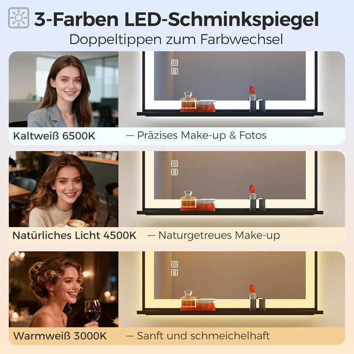 STARLEAD 90 x 120 cm Badespiegel-mit-Beleuchtung & Ablage, Entnebelung, Dimmbar, 3 Farbene Badzimmer