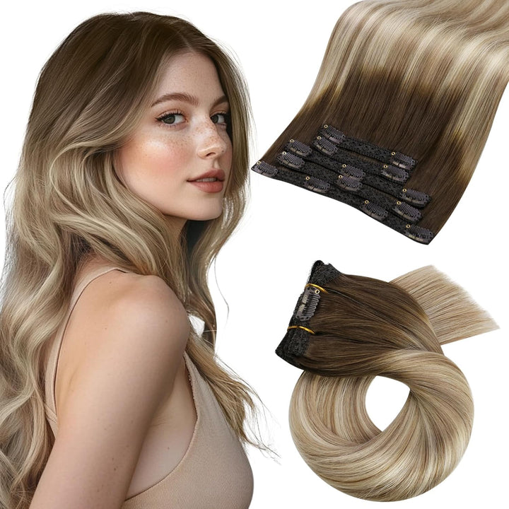 Moresoo Clip in Extensions Echthaar Remy Braun Extension Echthaar Clips Braun bis Hellbraun mit Mitt