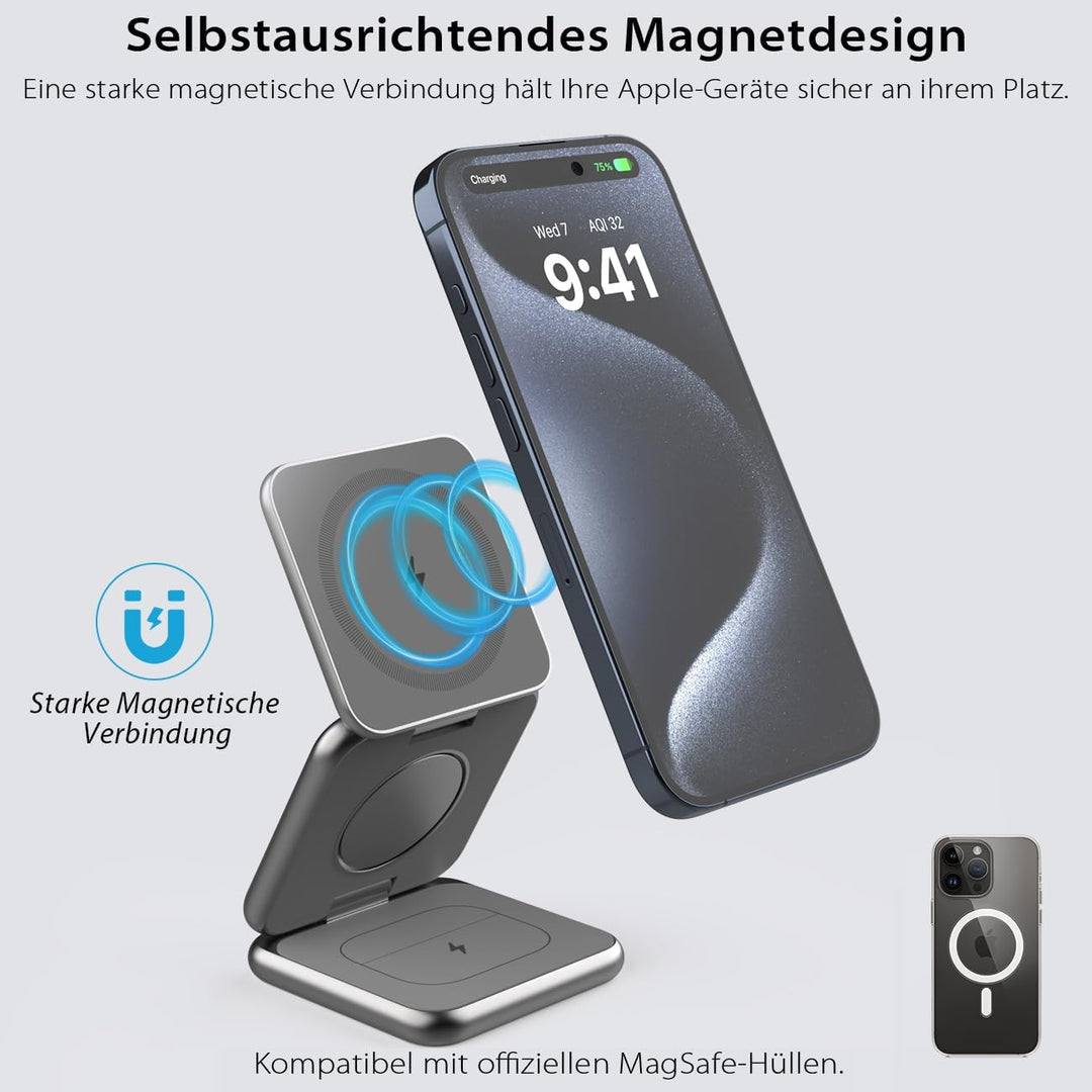 KU XIU X40 3 in 1 Induktive Ladestation – Magnetisches Kabelloses Ladegerät, Faltbares Reiseladegerä