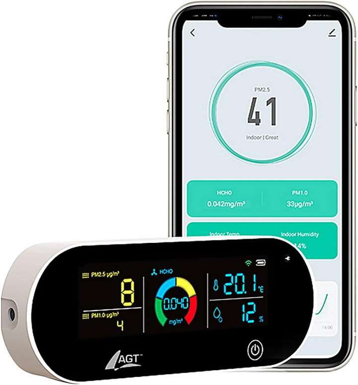 AGT Raumluftmessgerät: 5in1-Akku-Luftqualitätsmesser, HCHO, PM1/2,5, Temperatur u.v.m., App (Partike