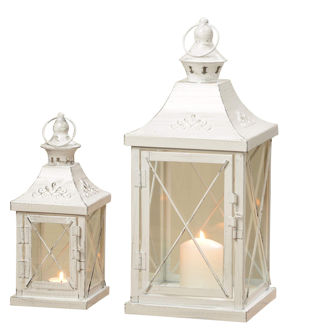 2er Set Innen Aussen Laternen Balkon Windlichter Metall weiss Shabby Chic Glas Tür Wohnzimmer Dekora
