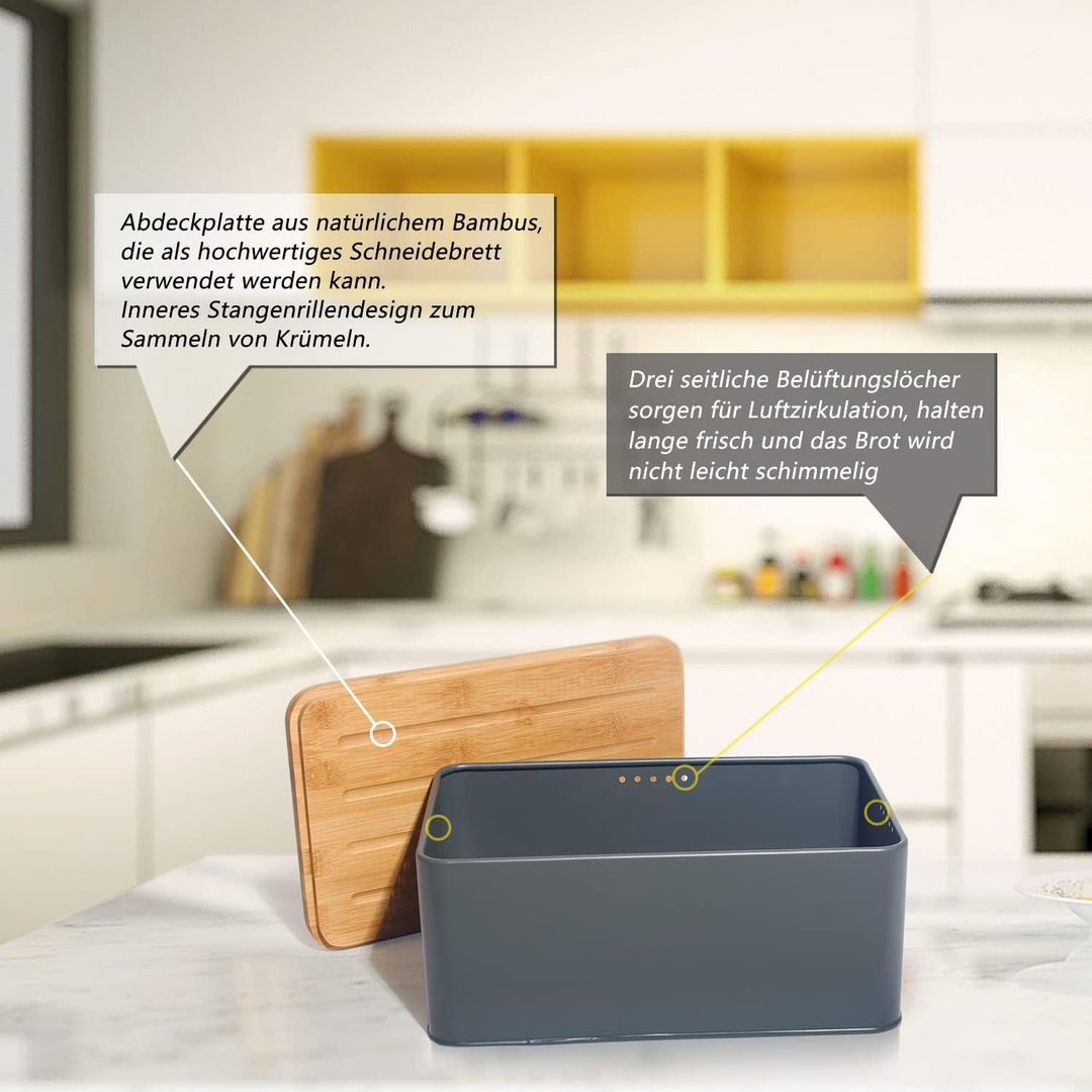 Theo&Cleo Brotkasten mit Schneidebrett , 33x21x15cm , Matte Brotbox mit Bambusdeckel und Leinen Brot