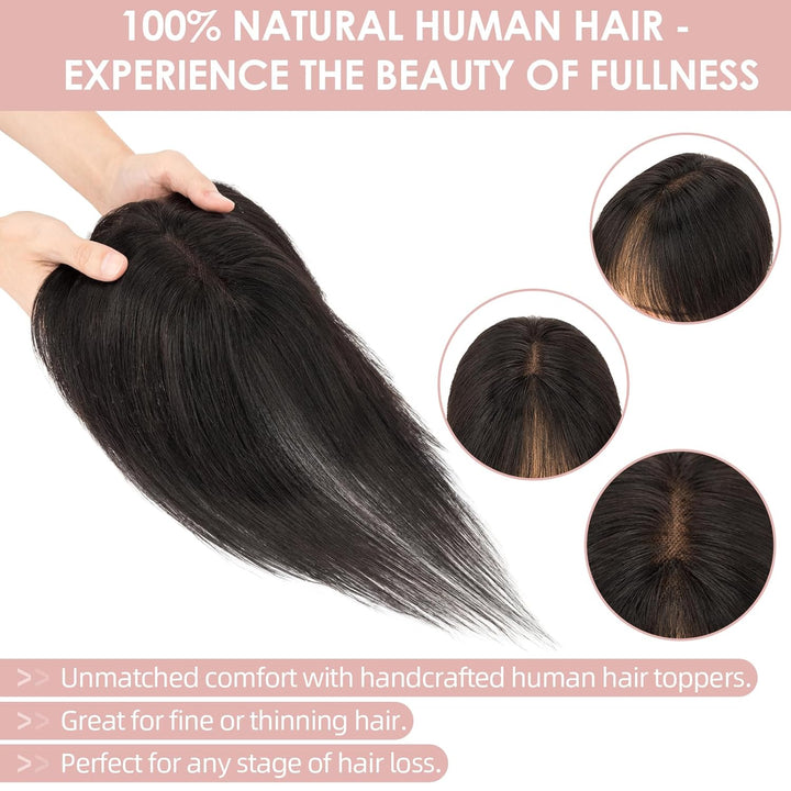 Silk-co Hair Topper Echthaar 21g, 8x11cm handgebunden Basis Toupet Damen, Clip in Haarteile mit Spit