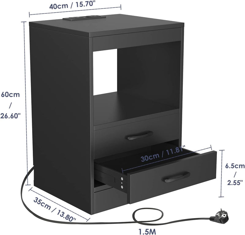 Lvhecforhm Nachttisch Schwarz mit LED-Beleuchtung, Nachttisch mit 2 AC-Steckdosen, 2 USB-Anschlüsse,