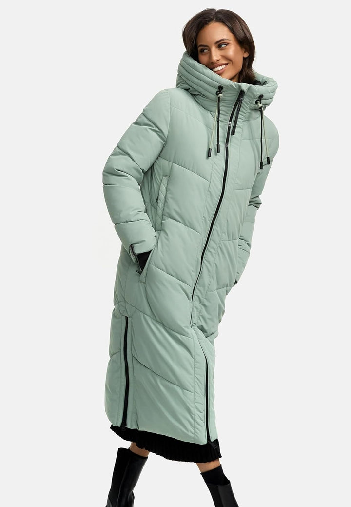 MARIKOO Damen Wintermantel warmer Steppmantel lang mit verstellbarer Kapuze und hohem Kragen Nadaree