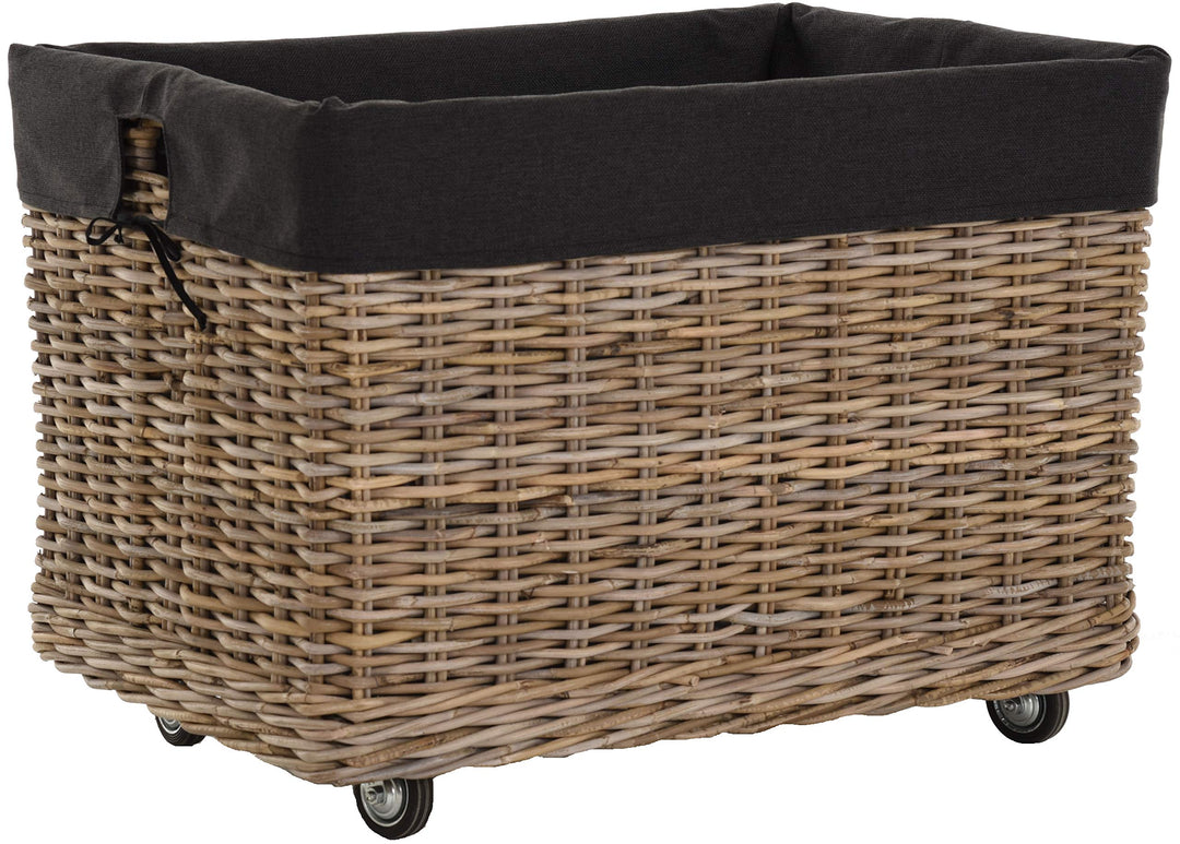 Grosser Rollkorb mit Griffen/Holzkorb mit Rollen aus grauem Natur Rattan/Aufbewahrung Holz-Wagen Räd
