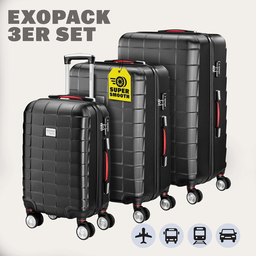 Monzana Exopack 3er Set Koffer | Schwarz M, L, XL | TSA Schloss, Gel-Griff | Reisekoffer Rollkoffer