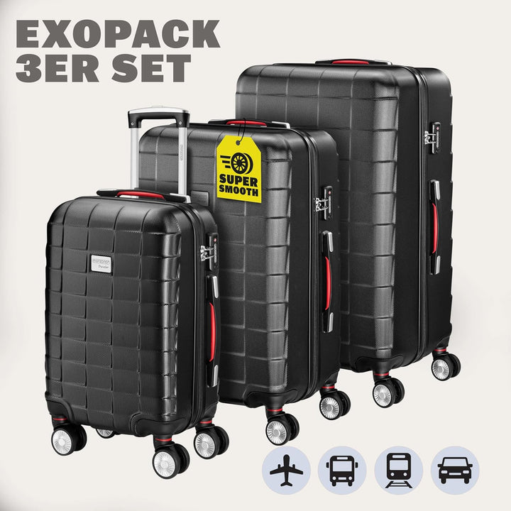 Monzana Exopack 3er Set Koffer | Schwarz M, L, XL | TSA Schloss, Gel-Griff | Reisekoffer Rollkoffer