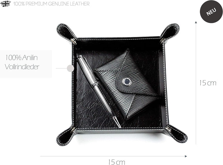 DELMON VARONE - Personalisierbarer Taschenleerer aus Premium Leder Anilin schwarz, Schlüsselschale i