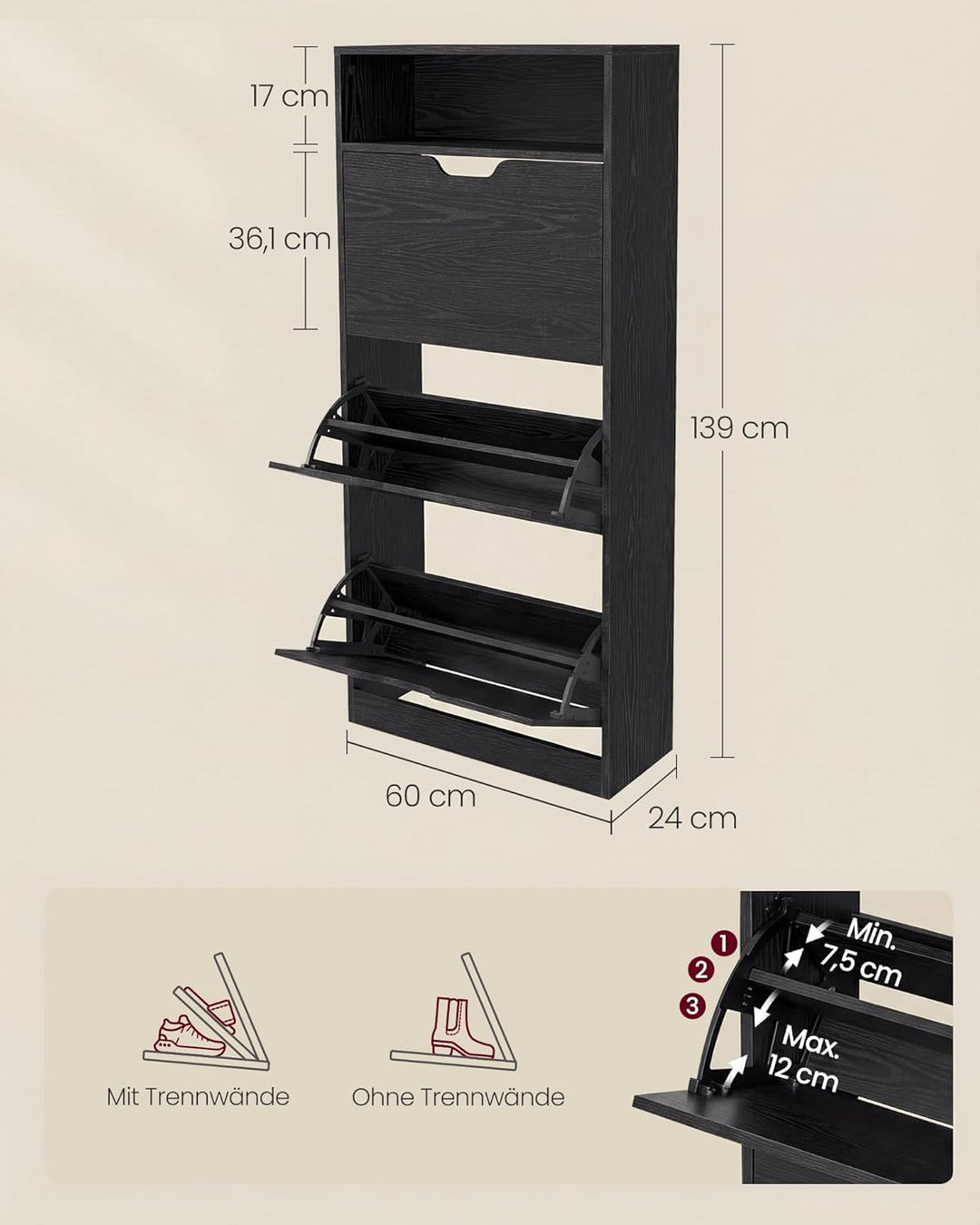 VASAGLE Schuhschrank 3 Klappen, Schuhkipper, Schuhregal, Schuhaufbewahrung, offenes Fach, Trennwand