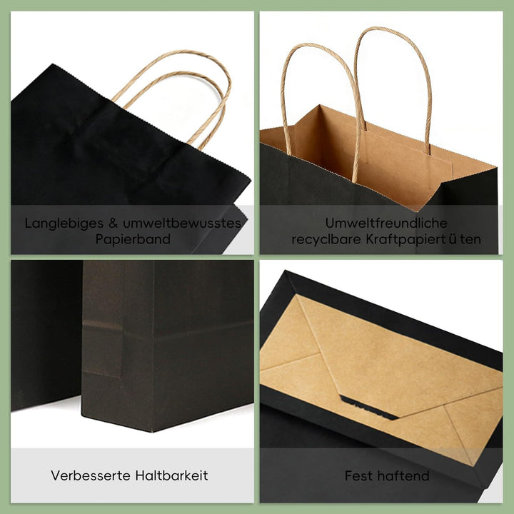 Weifeng 20 Stück Papiertüten Gross 30x12x23cm, Schwarz Papiertragetasche Kraftpapiertüten mit Henkel