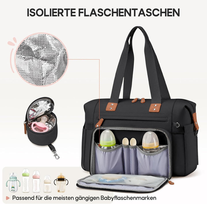 RAINSMORE Wickeltasche Kinderwagen mit Wickelunterlage und Schnullertasche Schwarz, Schwarz