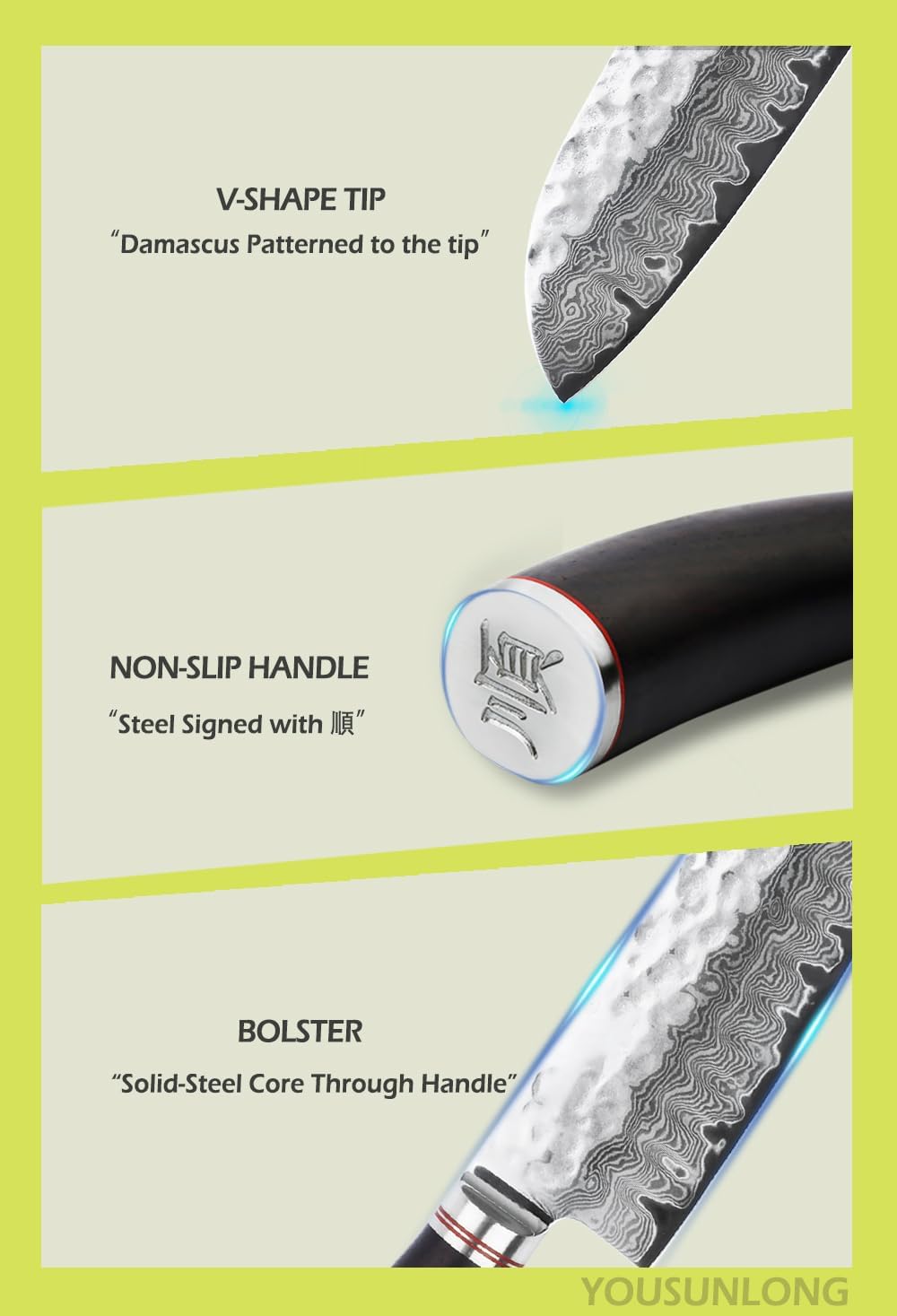YOUSUNLONG Santoku Messer 7 Zoll (17.8cm) Kochmesser Japanischer gehämmerter Damaststahl Holzgriff a