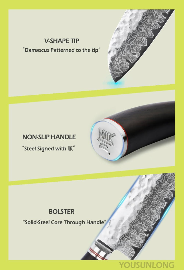 YOUSUNLONG Santoku Messer 7 Zoll (17.8cm) Kochmesser Japanischer gehämmerter Damaststahl Holzgriff a