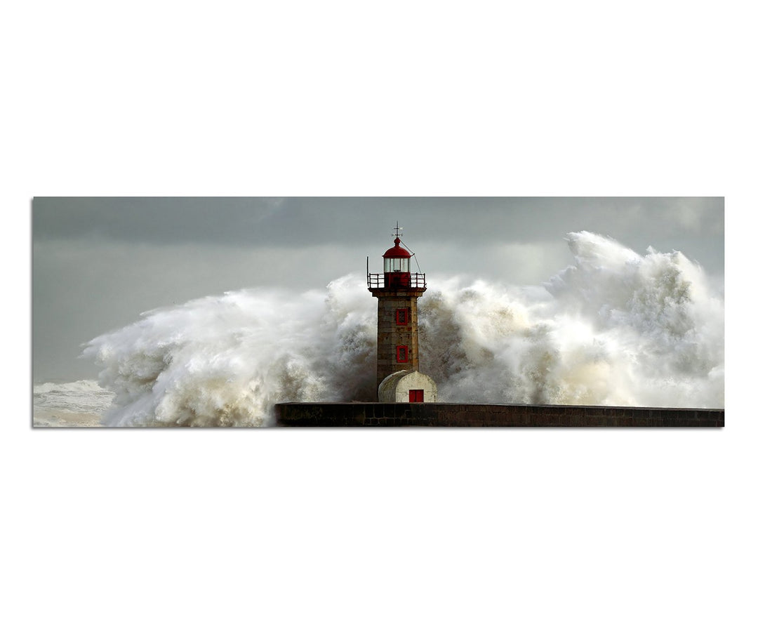 Paul Sinus Art Panoramabild auf Leinwand und Keilrahmen 150x50cm Meer Sturm Welle Leuchtturm