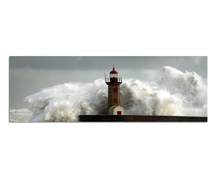 Paul Sinus Art Panoramabild auf Leinwand und Keilrahmen 150x50cm Meer Sturm Welle Leuchtturm