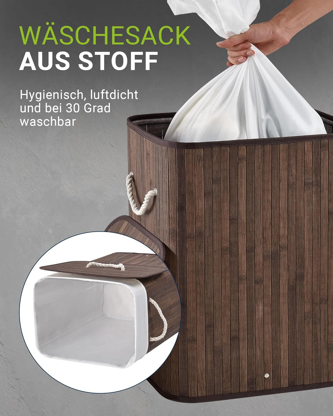 Juskys Bambus Wäschekorb Curly Braun 100L - Hygienischer Wäschekorb mit Deckel, Tragegriff & Wäsches