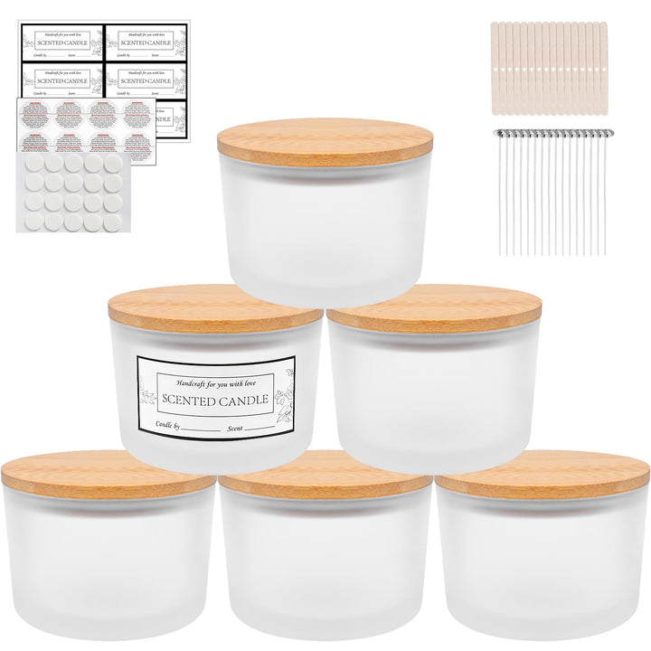 CONNOO Kerzengläser mit 3 Dochten, Milchglas, breite Öffnung, mit Bambusdeckel, klebrigen Warnschild