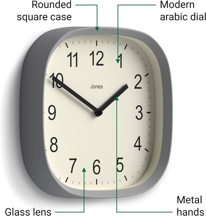 JONES CLOCKS Quadratische Retro-Wanduhr aus hochwertigem Acryl, Sprite' in Grau, 25 x 25 x 5 cm 25 x