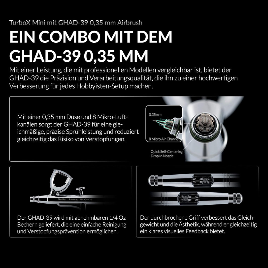 Gaahleri Turbox mini Airbrush-Kit mit GHAD-39, Dual-Action, 18 Luftstufen, extrem leise, zweistufig,