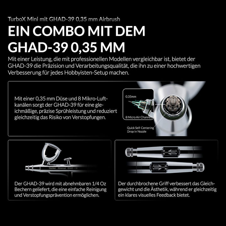 Gaahleri Turbox mini Airbrush-Kit mit GHAD-39, Dual-Action, 18 Luftstufen, extrem leise, zweistufig,
