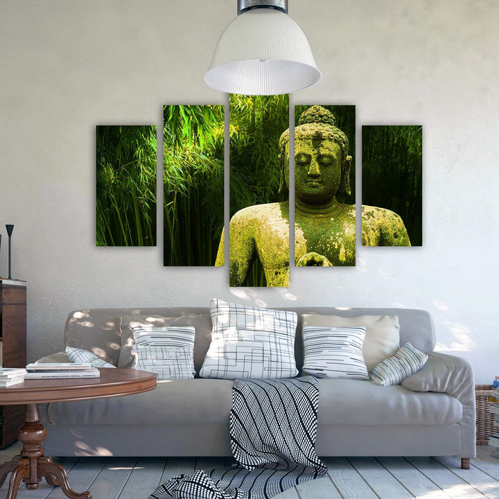 Feeby Wandbild XXL 5 Teilig Buddha Leinwandbild Statue Natur Blätter grün 300x140 cm Leinwandbild 30