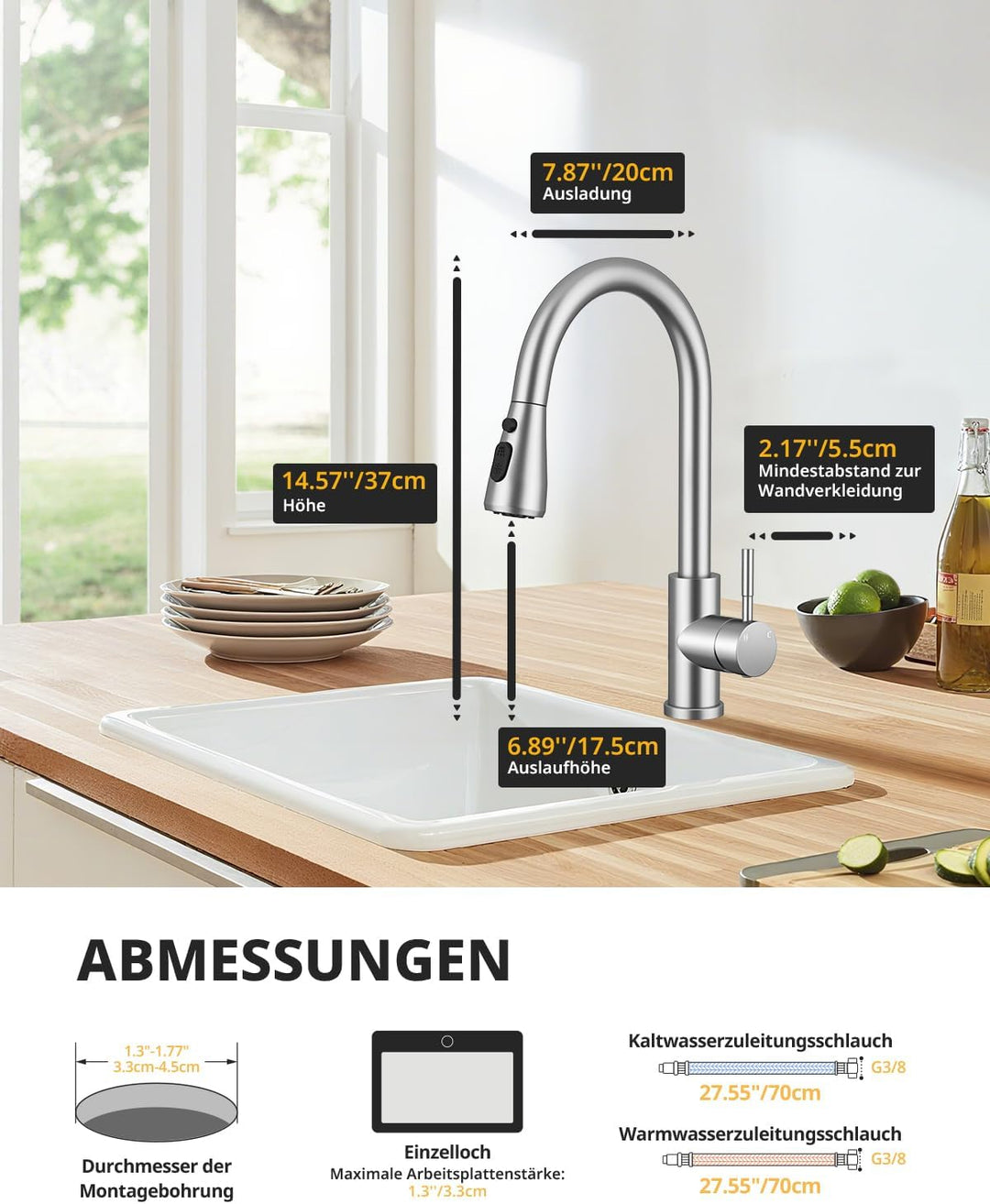 Küchenarmatur, Ausziehbarer Wasserhahn mit Edelstahl-Sprühbrause und 3 Sprühfunktionen, 360° schwenk