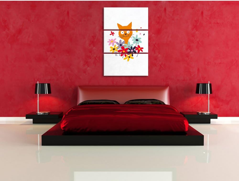 Pixxprint Fröhliche Katze mit Blumen als Leinwandbild/Grösse: 3 Teilig (120x80) cm/Wandbild/Kunstdru