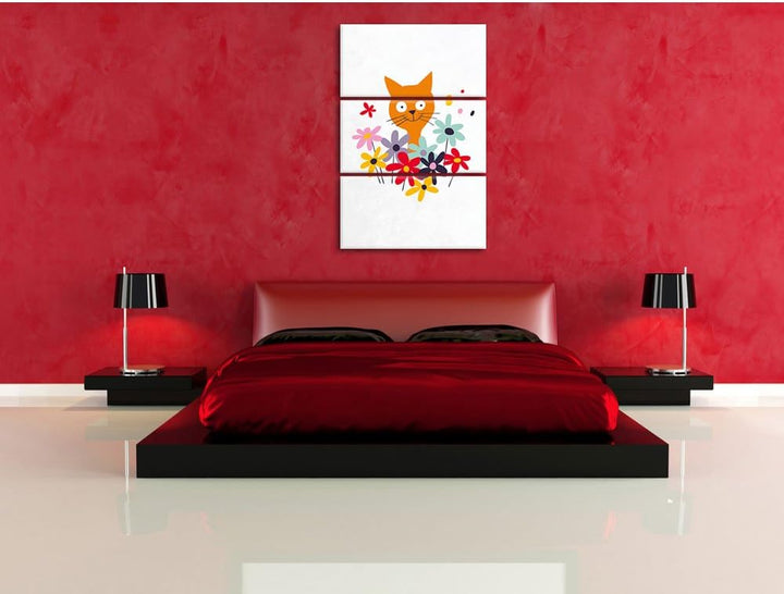 Pixxprint Fröhliche Katze mit Blumen als Leinwandbild/Grösse: 3 Teilig (120x80) cm/Wandbild/Kunstdru