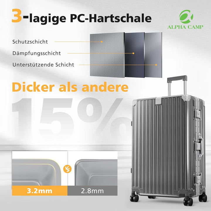 ALPHA CAMP Koffer XL Reisekoffer mit Rollen TSA Schloss, Hartschalenkoffer Gross Suitcase Aluminium