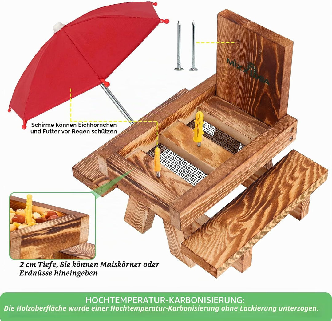 MIXXIDEA Eichhörnchen-Futterstation aus Holz mit Regenschirm, Eichhörnchen-Picknicktisch für drausse