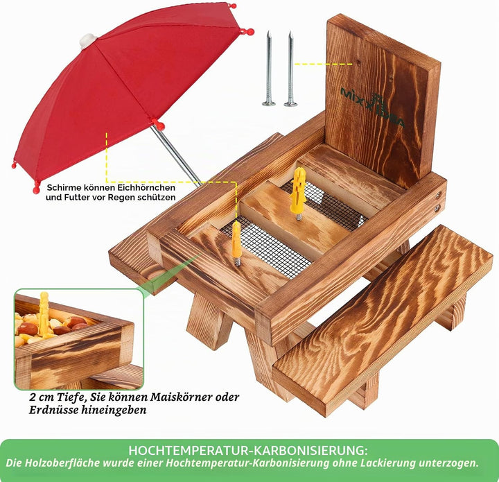 MIXXIDEA Eichhörnchen-Futterstation aus Holz mit Regenschirm, Eichhörnchen-Picknicktisch für drausse