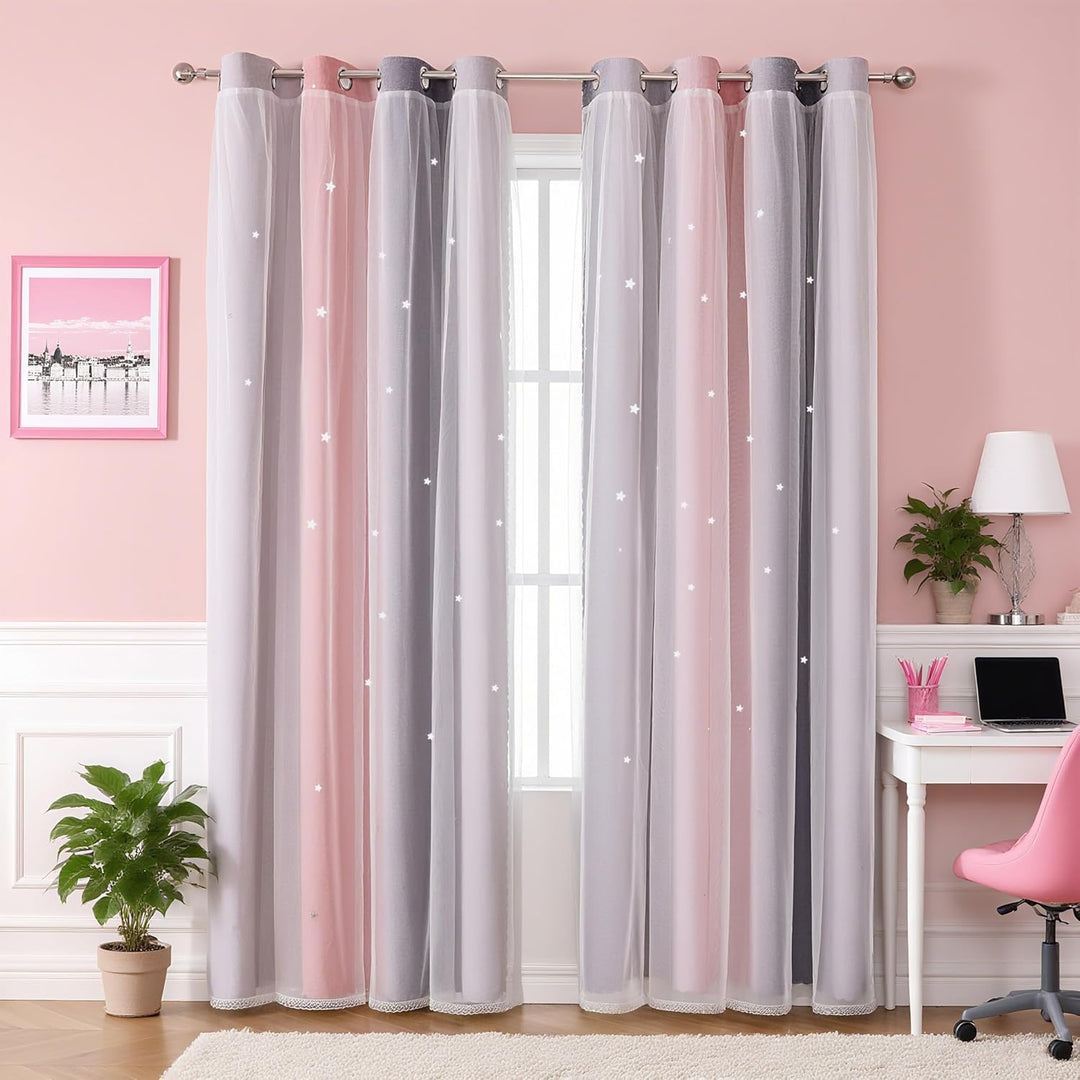Freyamy Gardinen Rosa Grau Glänzend Sterne Vorhänge Blickdicht Kinderzimmer Halbtransparent H 130 X
