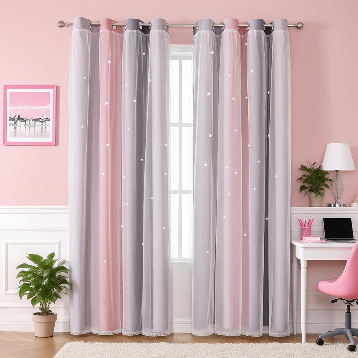 Freyamy Gardinen Rosa Grau Glänzend Sterne Vorhänge Blickdicht Kinderzimmer Halbtransparent H 130 X