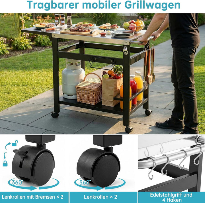 LIFERUN Grillwagen mit Klappbarem Beistelltisch, Robuster Grilltisch mit Edelstahl Tischplatte, 2-Eb