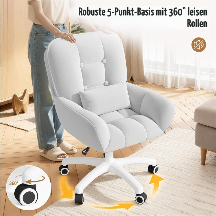 Bürostuhl Samt mit Kissen Schminktischstuhl Weiss | Höhenverstellbar,360°Drehfunktion, bis 150kg,Sam