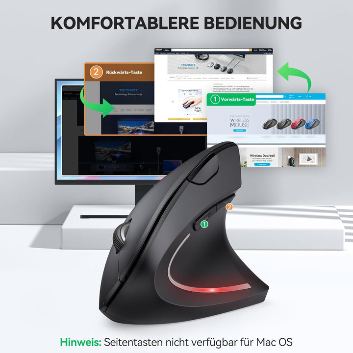TECKNET Ergonomische Maus mit Jiggler, Kabellose Bluetooth Vertikales Maus(BT 5.0/3.0 & 2.4G) mit US