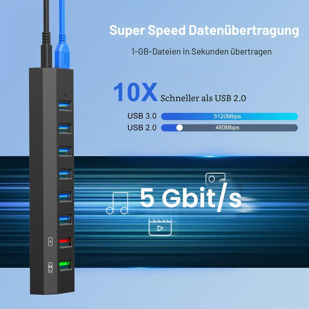 USB Hub 3.0 mit Netzteil, 8 Ports Vansuny USB Hub Aktiv 3.0 mit netzteil 36W, Ultraschnelle Übertrag