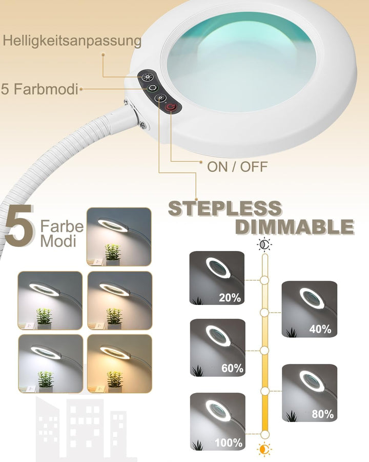 Veemagni 10X Lupe mit Licht und Ständer, 5 Farbmodi stufenlos dimmbare LED beleuchtete Schreibtischl