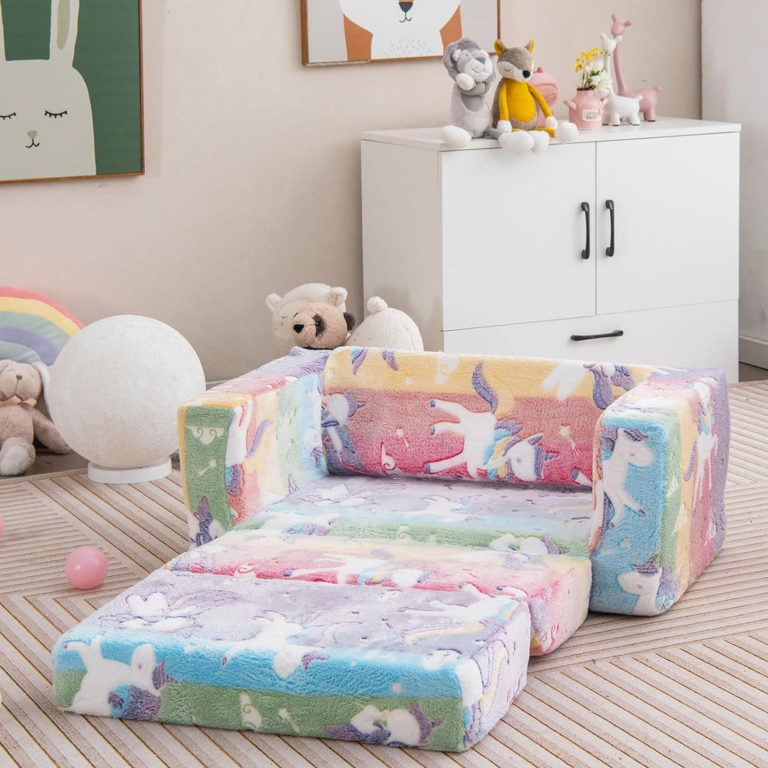 DREAMADE 2-in-1 Kindersofa ausklappbar, Kindersessel aus Flanellstoff mit leuchtenden Mustern, abneh