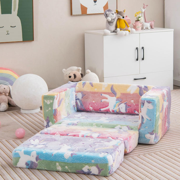DREAMADE 2-in-1 Kindersofa ausklappbar, Kindersessel aus Flanellstoff mit leuchtenden Mustern, abneh